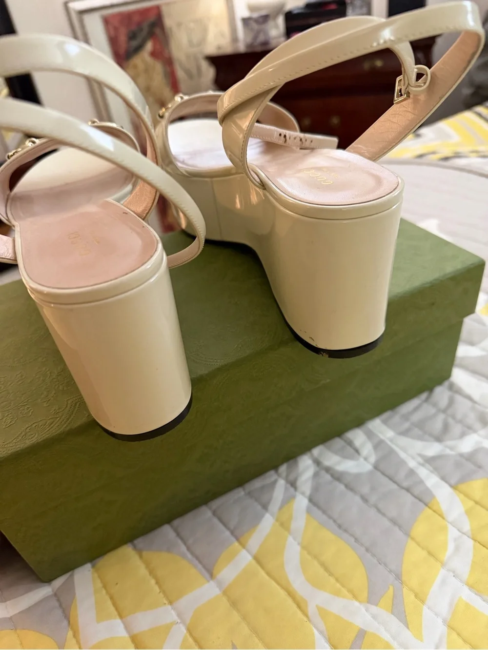 Gucci Cream Platform Sandals with Gold Horsebit